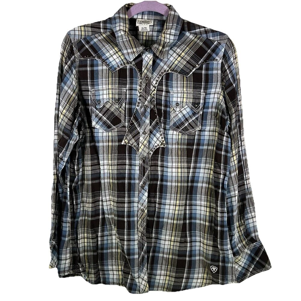 ARIAT Womens XL Blue Plaid Studded Western Snap Shirt Rodeo Cowgirl Southwest